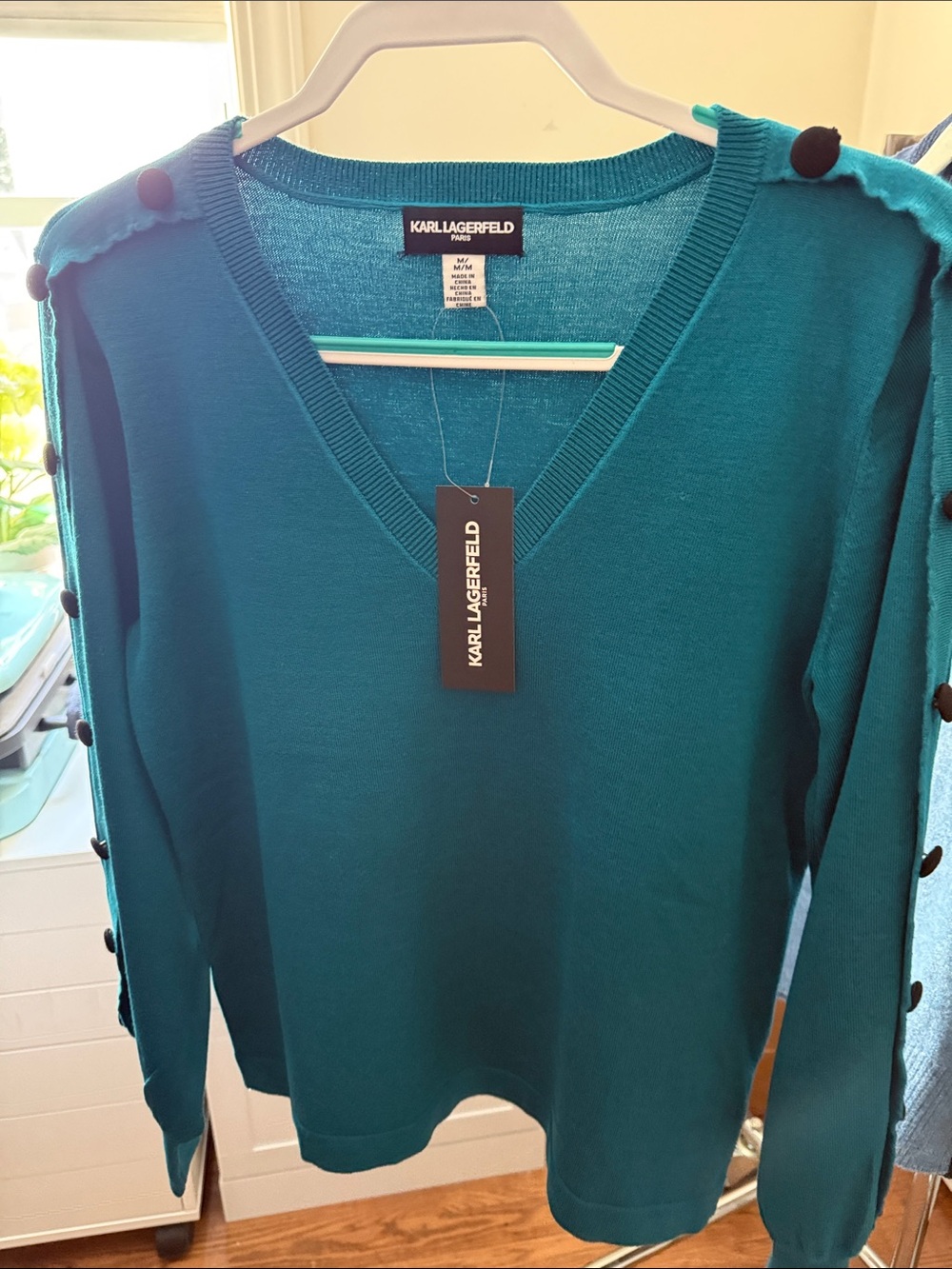 Karl Lagerfeld Teal V-Neck Sweater with Button-Trim Sleeves